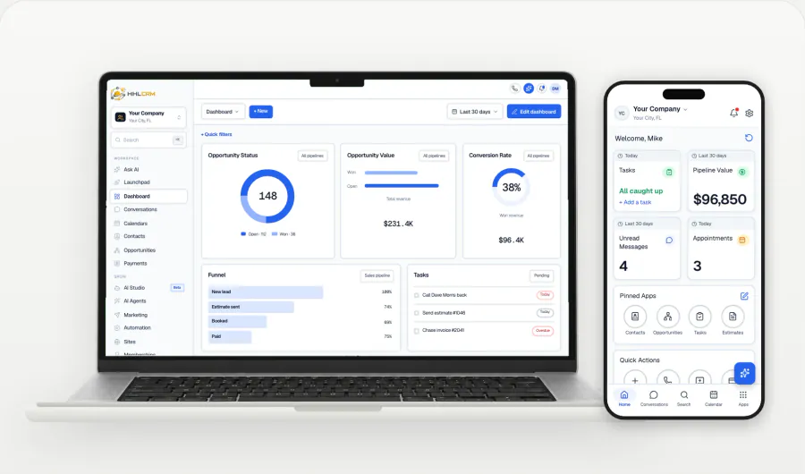 The HHL CRM on a laptop, a monitor and the HHL CRM phone app: the dashboard, the pipeline and today on your phone.