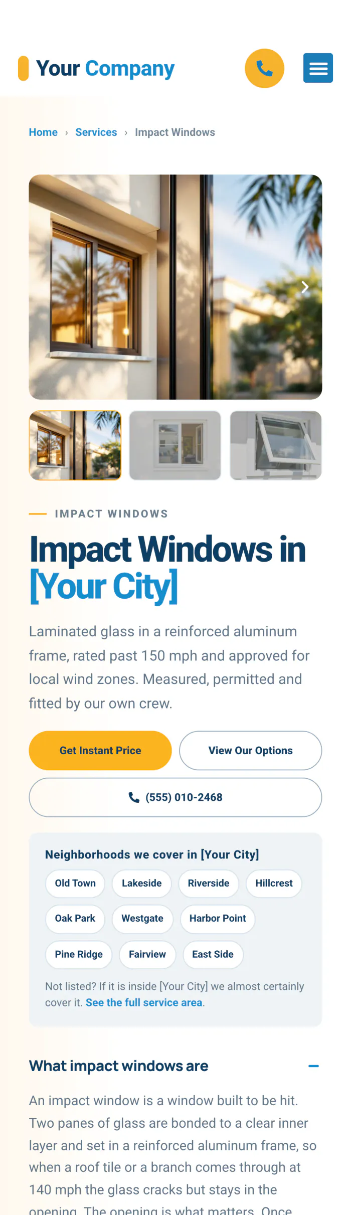 A city services page: Impact Windows in [Your City], with the neighborhoods it covers