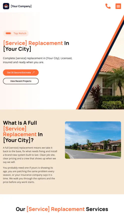 A service page of the same website on a tablet: [Service] Replacement in [Your City]